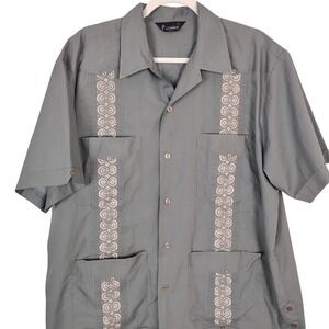 Premier Mens Gray Guayabera Short Sleeve Embroidered Button Down Shirt 1X